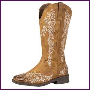 Women's Square Toe Cowboy Boots Floral Embroidery Wide Calf Western